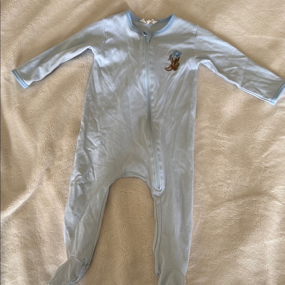 Luna and Arlo Blue Footed One Piece with cowboy boot